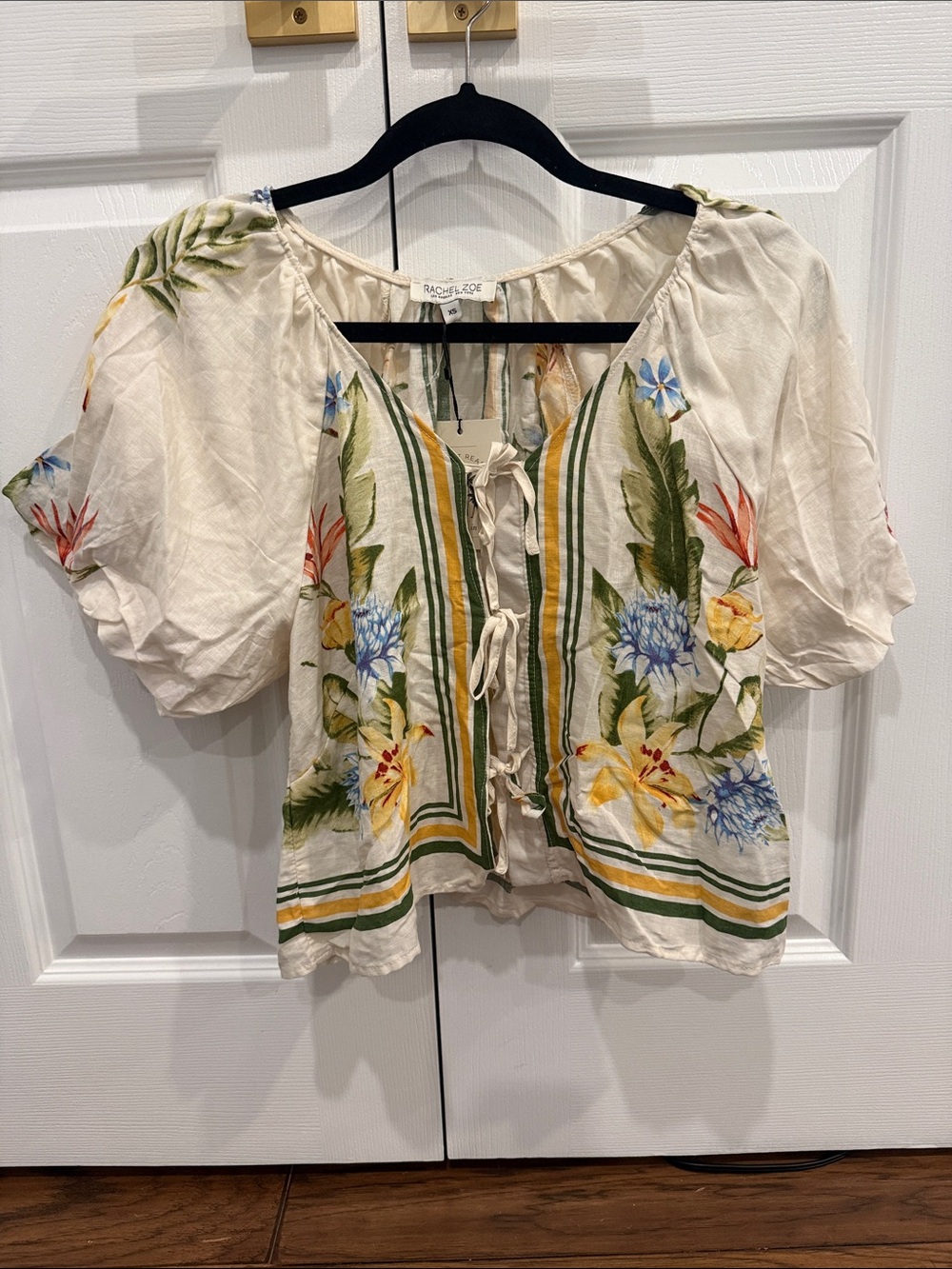 NWT Rachel Zoe Cream Floral Tie-Front Peasant Blouse with Yellow & Blue Accents
